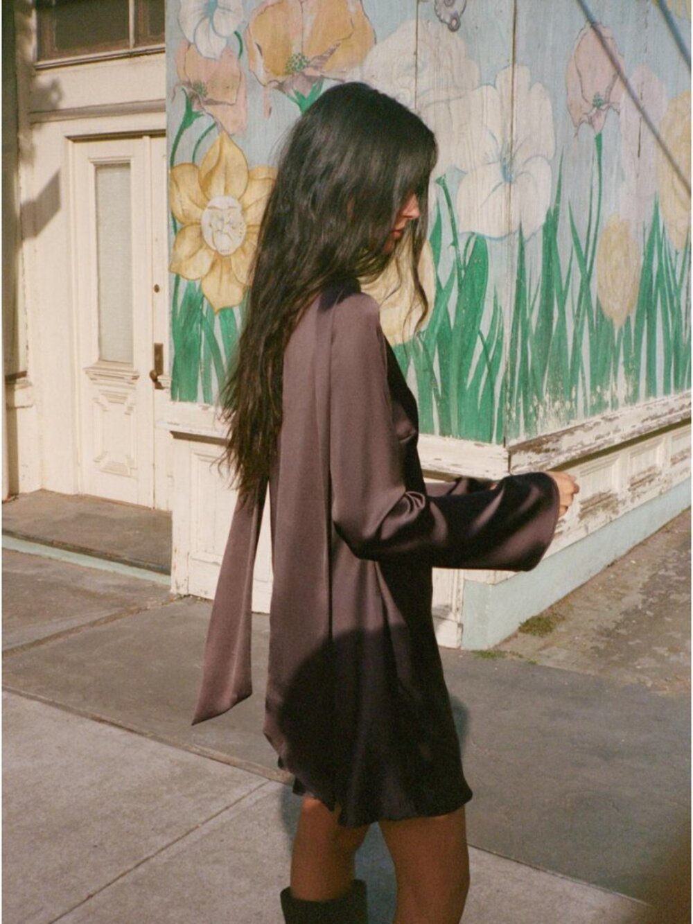 ZARA Satin Scarf Mini Dress VNeck Long Sleeve | Chocolate Brown | NWT | XS,S,M,L - Picture 3 of 15